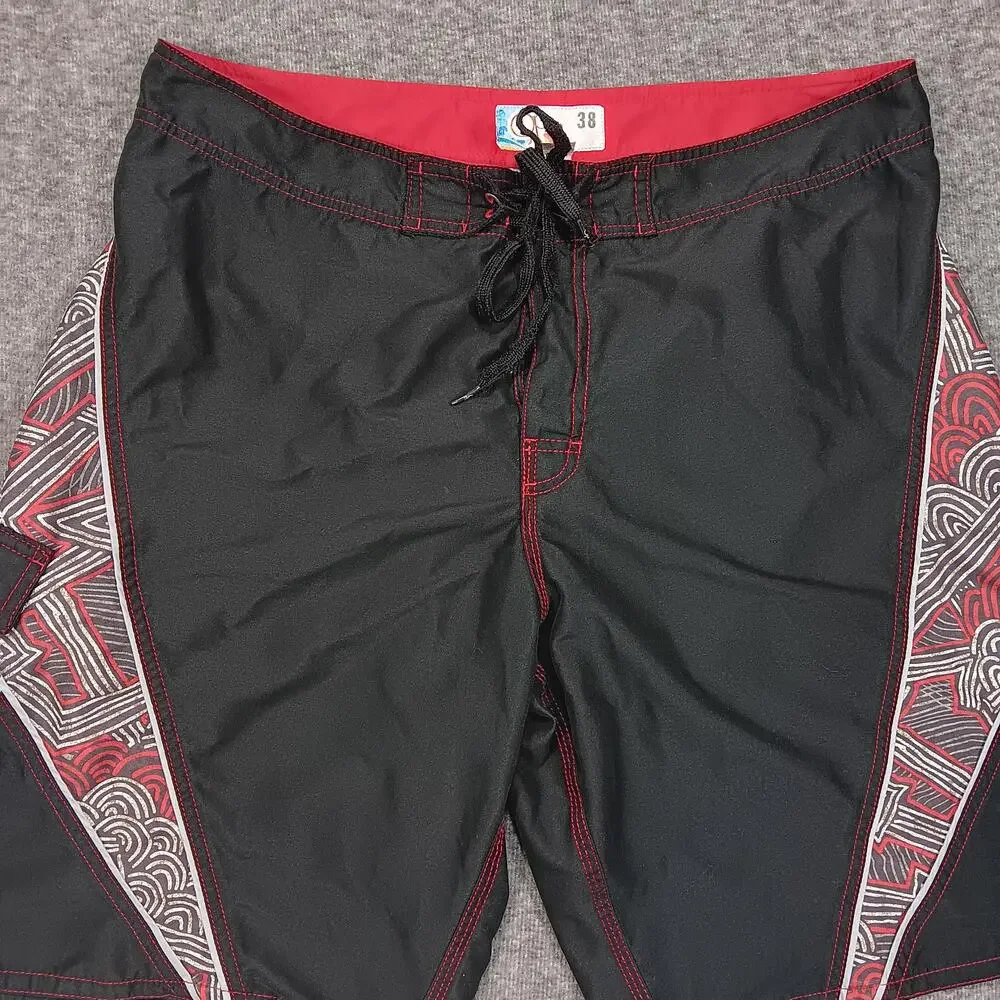OP Swim Trunks Shorts Mens 38 Black Red Board Shorts Tribal Print Surf Beachwear